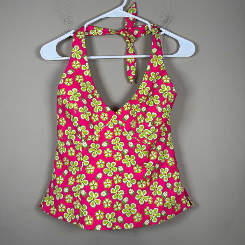 Lilly Pulitzer Vintage Dune Buggy Hippie Daisy PInk Green Halter Top Size 8